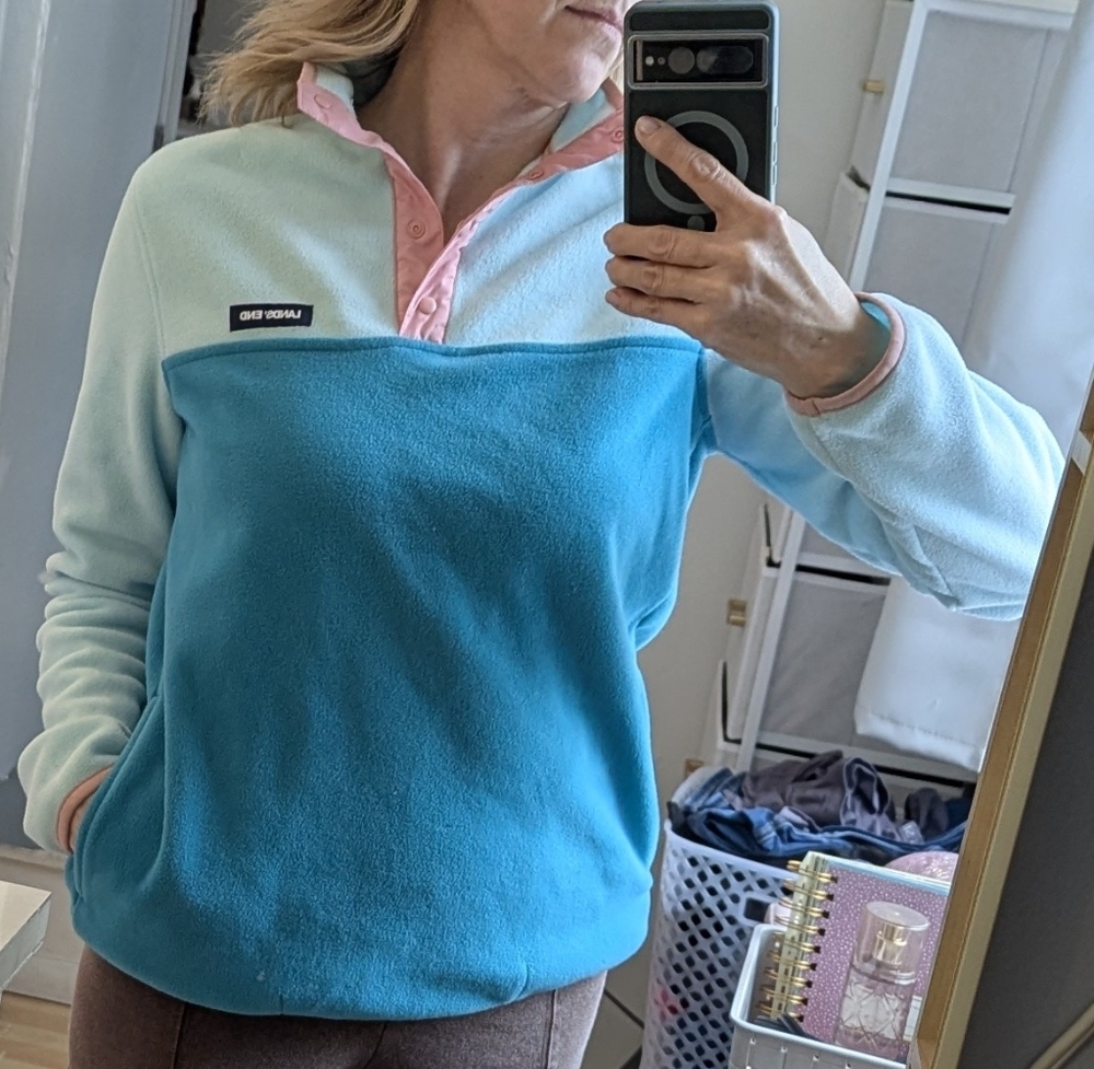 Lands' End retro look, new last winter, fleece aqua, teal, pink, snaps, small - Picture 3 of 15